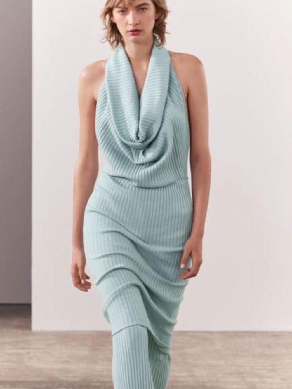Zara Ribbed Cowl Neck Midi Dress Blue Size Small